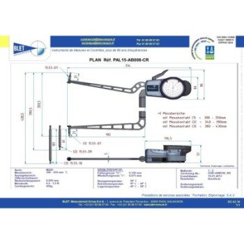 INSIDE MECHANICAL MEASURING INSTRUMENT PALPEUR BAIONNETTE BLET KROEPLIN 300-430MM 0,05MM TOUCHES S2/S2 ref : PAL15-AB008-CR KROE