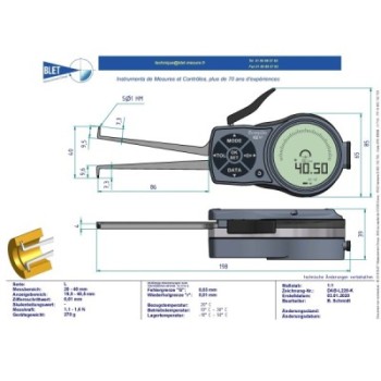 INSIDE MECHANICAL MEASURING INSTRUMENT PALPEUR INT BLET KROEPLIN 20-40MM 0,01MM TOUCHES S1/S1
