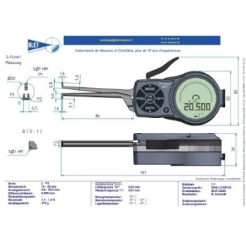 Palpeur Intérieur 3 Points BLET KROEPLIN 10-20mm 0,005mm Touches S1/S1