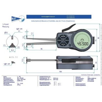 INSIDE MECHANICAL MEASURING INSTRUMENT PALPEUR INT 3 points BLET KROEPLIN 25-45MM 0,005MM TOUCHES S1/S1