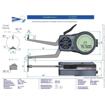 INSIDE MECHANICAL MEASURING INSTRUMENT PALPEUR INT 3 points BLET KROEPLIN 55-75MM 0,005MM TOUCHES S1/S1